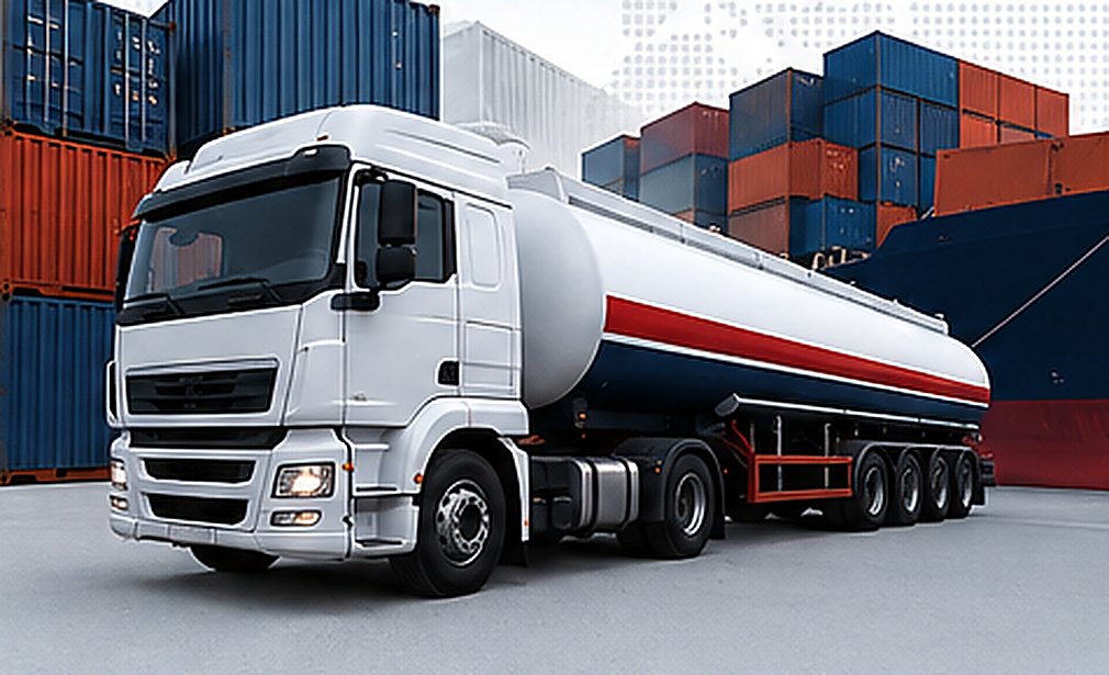 Tanker truck alongside stacked shipping containers at a port terminal