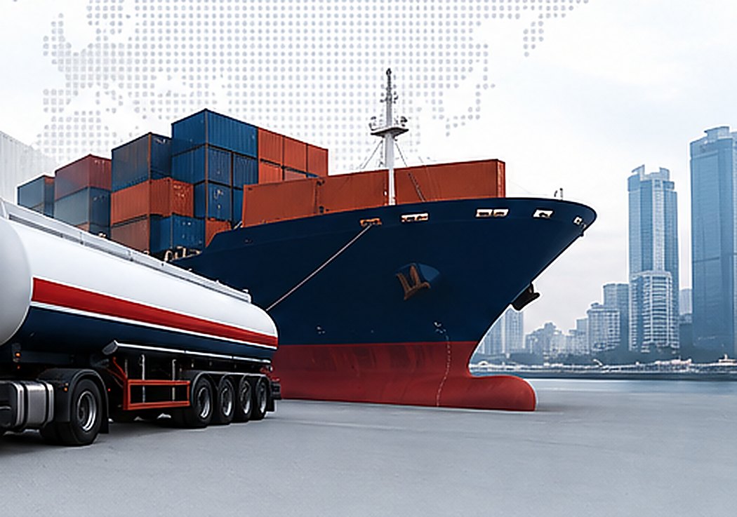 Container vessel berthed at a port with a tanker truck alongside